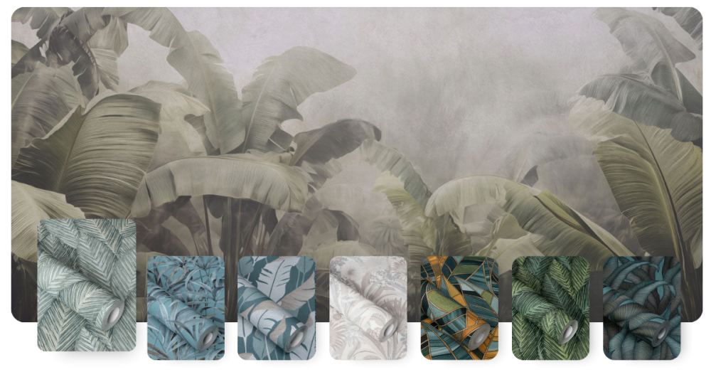 Collection de papiers peints jungle à thème tropical, mettant en avant des motifs luxuriants de feuilles exotiques en différentes déclinaisons de couleurs, du bleu doux au vert intense, en passant par des nuances naturelles et des touches plus audacieuses comme l’orange et le turquoise.